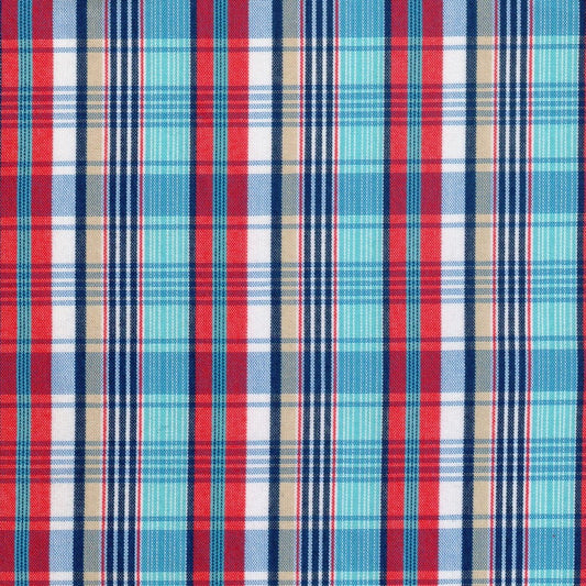 Tela de uniforme polidacron escocés de SchoolLine en rojo, azul y turquesa, ideal para uniformes escolares e institucionales.