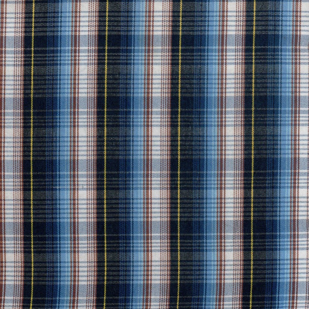 Tela polidacron escocés azul marino y celeste con rayas marrón y amarillo; ideal para uniformes escolares e institucionales, SchoolLine.