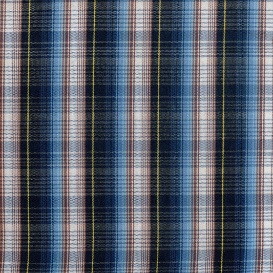 Tela polidacron escocés azul marino y celeste con rayas marrón y amarillo; ideal para uniformes escolares e institucionales, SchoolLine.