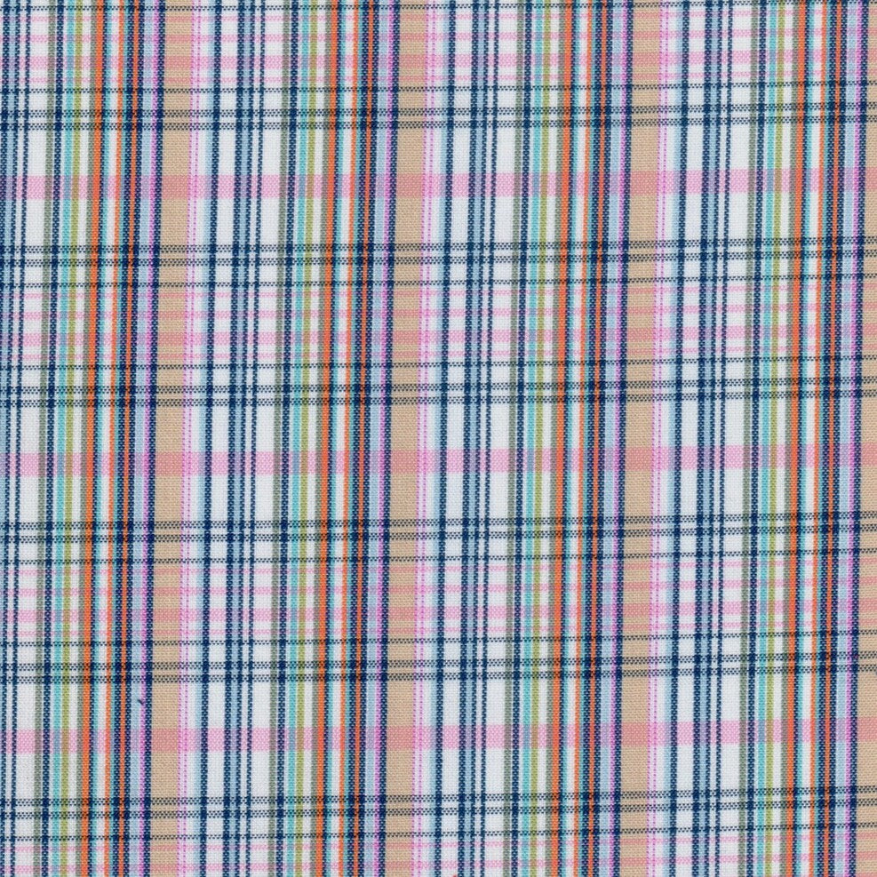 Tela para uniformes SchoolLine escocés a cuadros multicolor (tartán) en beige, azul y rosa; ideal para uniformes escolares e institucionales.