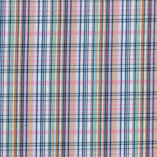 Tela para uniformes SchoolLine escocés a cuadros multicolor (tartán) en beige, azul y rosa; ideal para uniformes escolares e institucionales.
