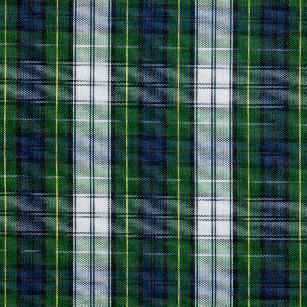 Tela escocés verde y azul polidacron, diseño tartán con líneas blancas; ideal para uniformes escolares e institucionales, SchoolLine.