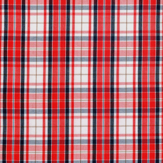 Tela polidacron escocés roja con cuadros azul/blanco; ideal para uniformes escolares e institucionales, SchoolLine