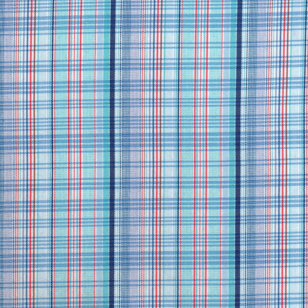 Tela para uniforme polidacron escocés SchoolLine en cuadros azules, blancos y rojos, tela para uniformes escolares e institucionales.