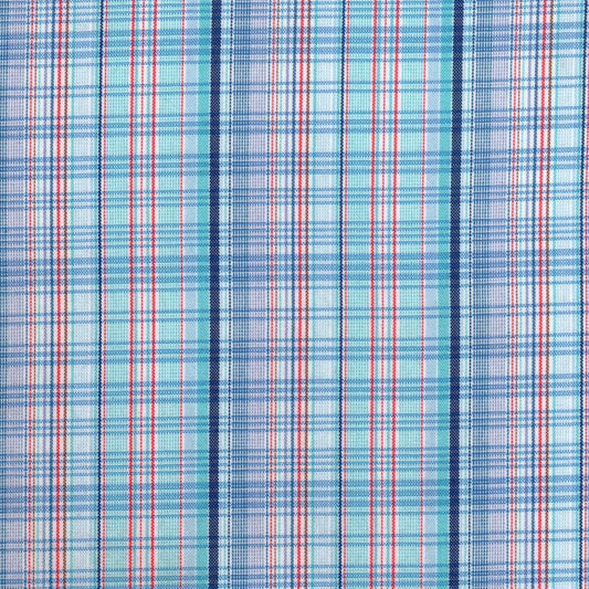 Tela para uniforme polidacron escocés SchoolLine en cuadros azules, blancos y rojos, tela para uniformes escolares e institucionales.