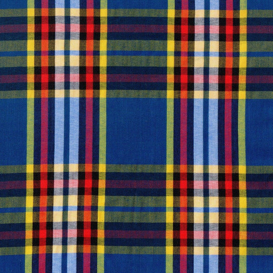 Tela para uniforme polidacron escocés azul con cuadros rojos, amarillos y verde; ideal para uniformes escolares e institucionales, SchoolLine