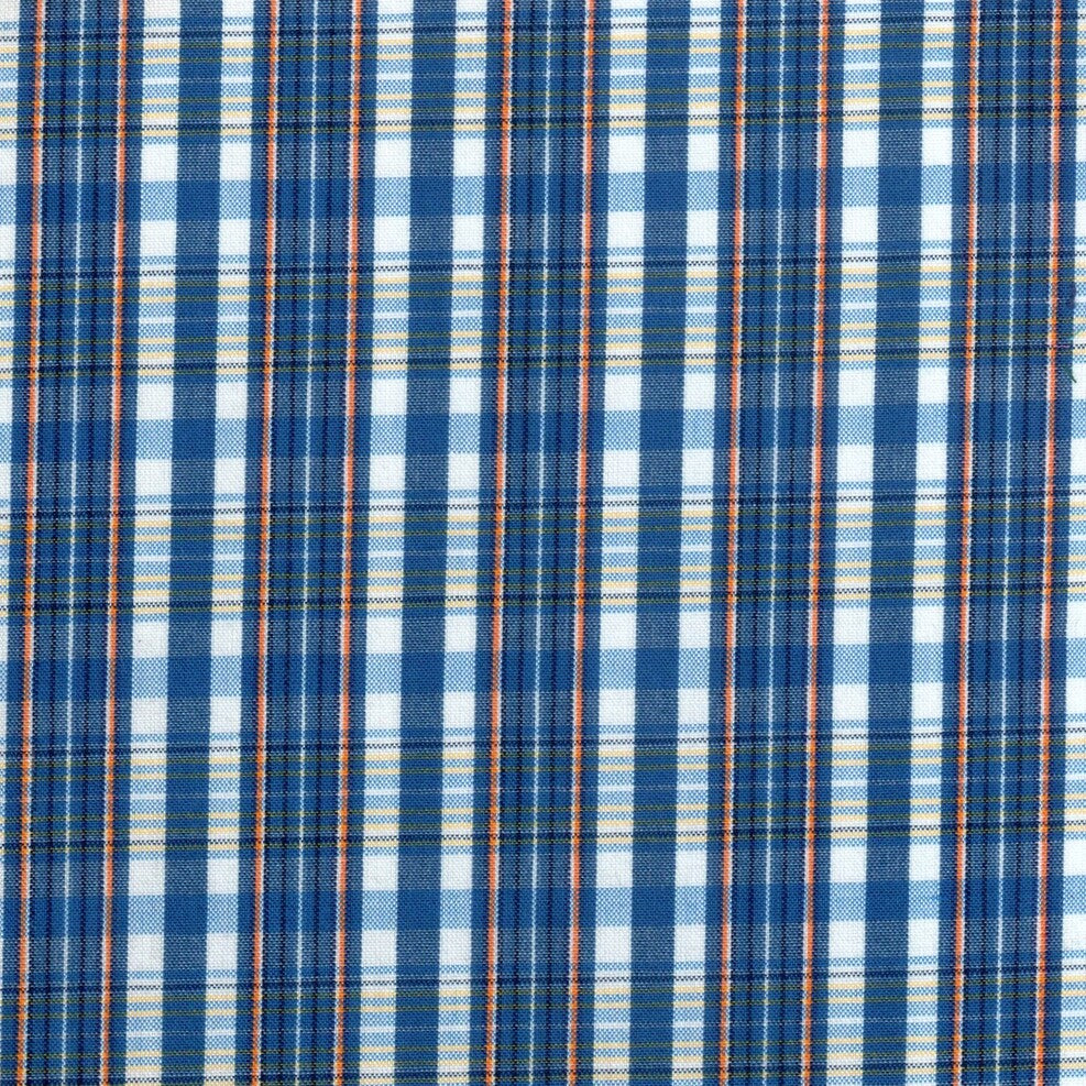 Tela para uniforme polidacron escocés azul con cuadros naranjas; tela escolar SchoolLine para uniformes institucionales