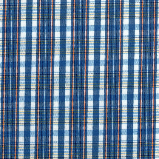 Tela para uniforme polidacron escocés azul con cuadros naranjas; tela escolar SchoolLine para uniformes institucionales