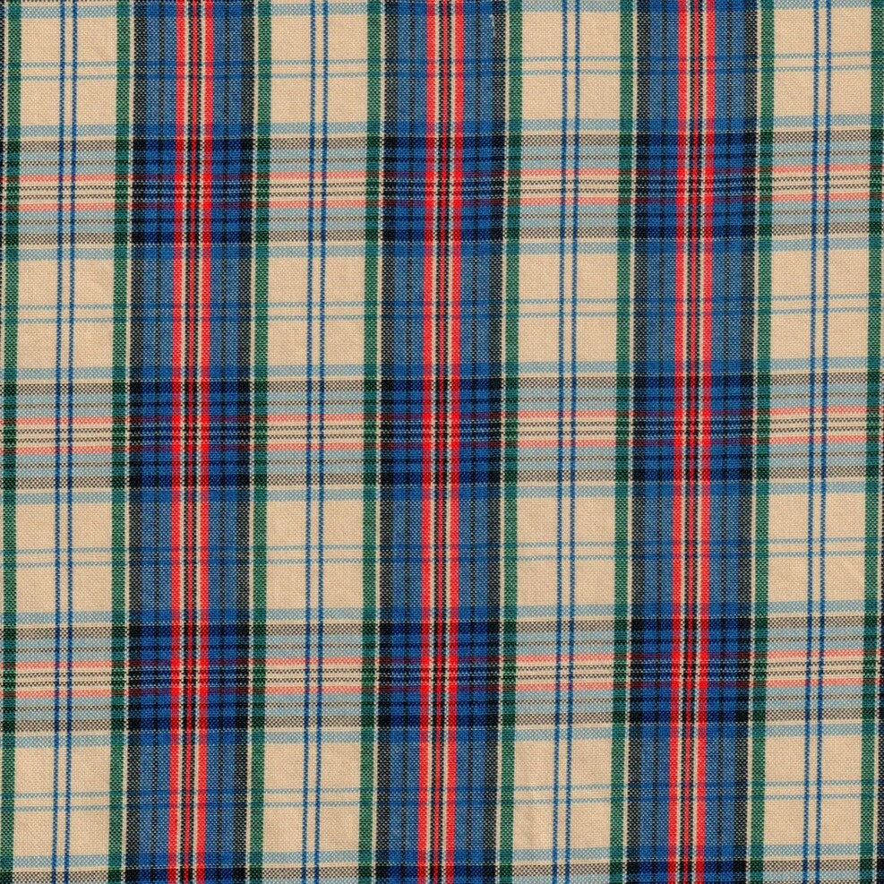 Tela polidacron escocés SchoolLine; tartán beige, azul, verde y rojo, tejido clásico para uniformes escolares e institucionales.