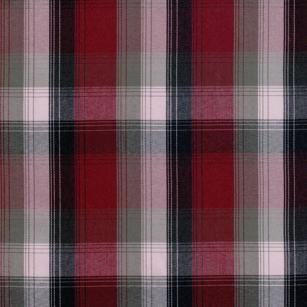 Tela escocés SchoolLine, poli-dacrón en rojo/negro/gris a cuadros, ideal para uniformes escolares e institucionales.