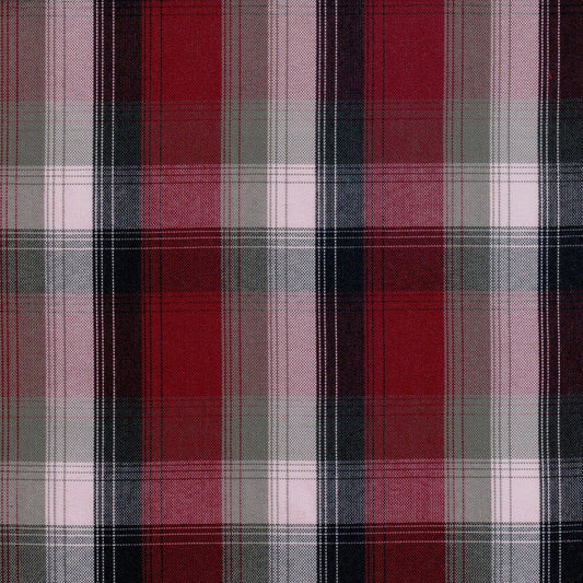 Tela escocés SchoolLine, poli-dacrón en rojo/negro/gris a cuadros, ideal para uniformes escolares e institucionales.