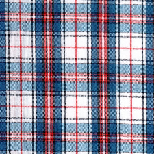 Tela polidacron escocés azul, rojo y blanco de SchoolLine; tejido a cuadros ideal para uniformes escolares.