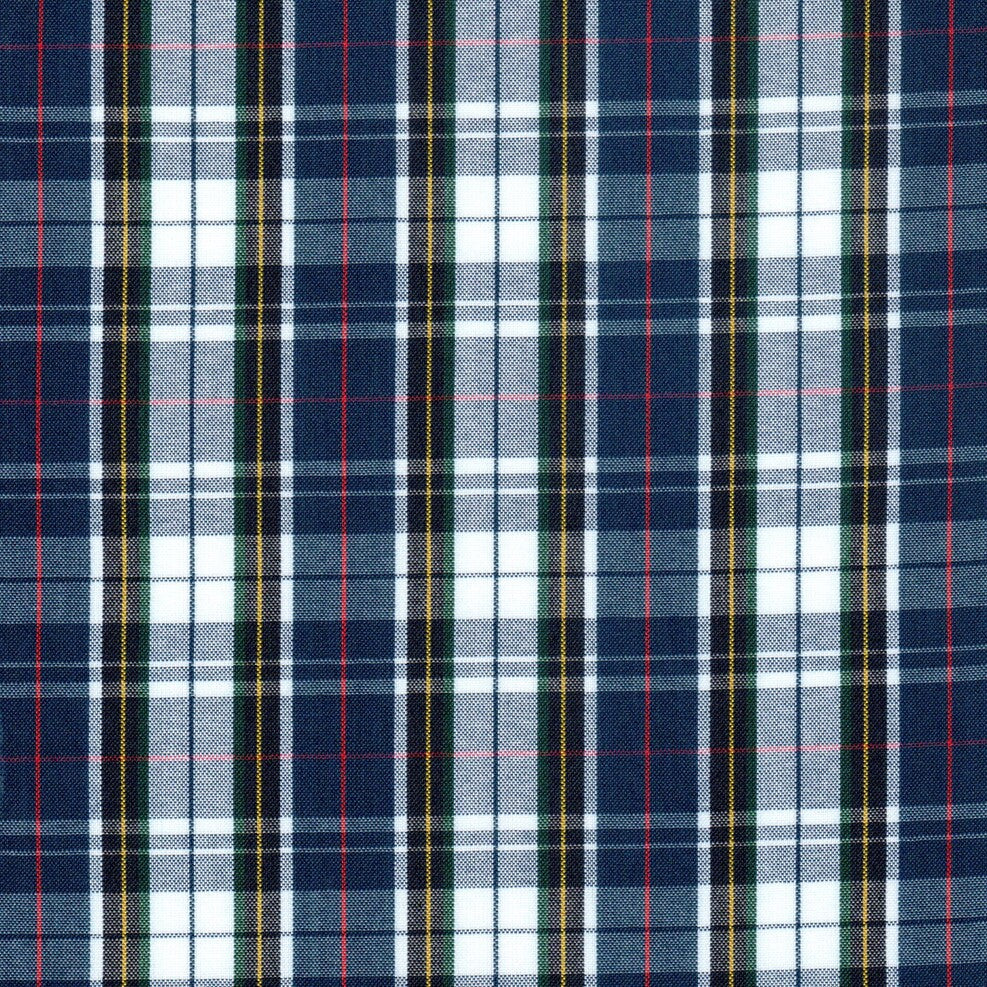Tela para uniforme polidacron escocés de SchoolLine; tejido a cuadros azul, blanco y verde con líneas rojas.