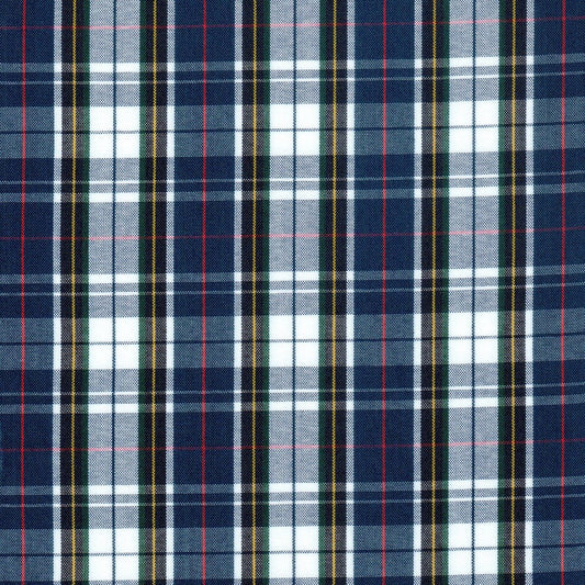 Tela para uniforme polidacron escocés de SchoolLine; tejido a cuadros azul, blanco y verde con líneas rojas.