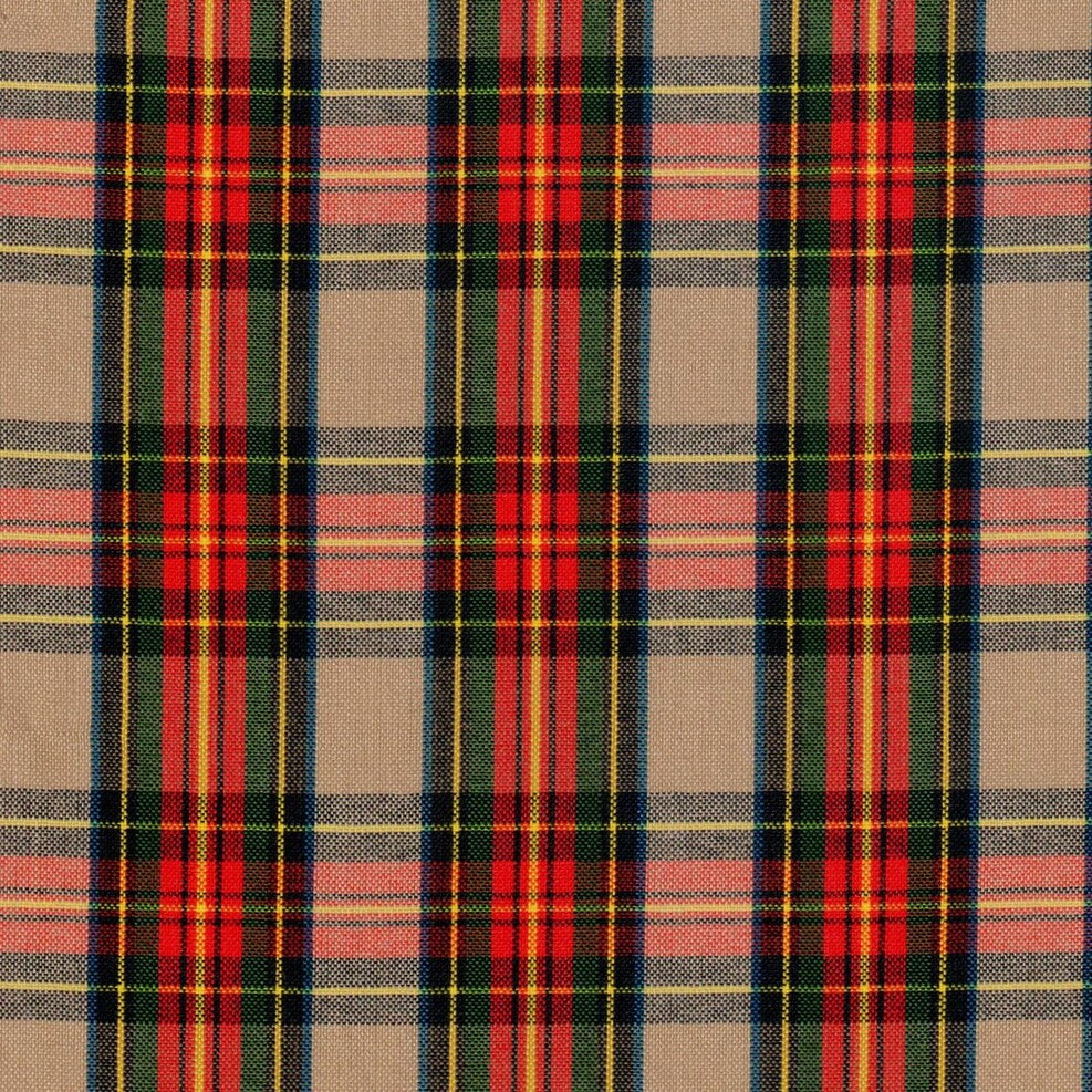 Tela escocés tartán polidacron de SchoolLine en beige con líneas rojas, verdes y azules; ideal para uniformes escolares e institucionales.