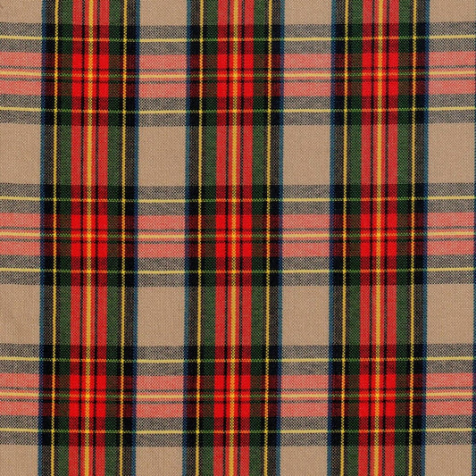 Tela escocés tartán polidacron de SchoolLine en beige con líneas rojas, verdes y azules; ideal para uniformes escolares e institucionales.