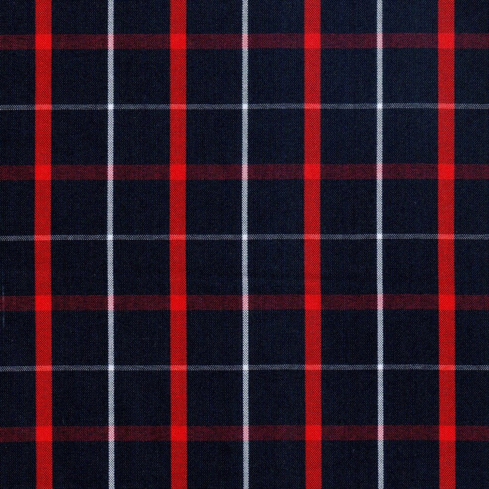 Tela polidacron escocés azul marino con líneas rojas y blancas; ideal para uniformes escolares e institucionales SchoolLine.
