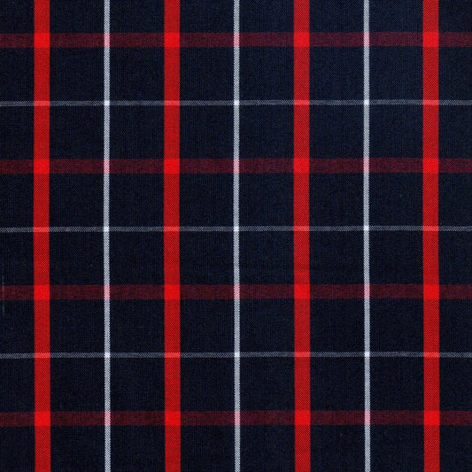Tela polidacron escocés azul marino con líneas rojas y blancas; ideal para uniformes escolares e institucionales SchoolLine.