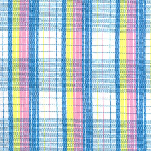 Tela para uniforme polidacron escocés de SchoolLine, cuadro azul con rosa y amarillo sobre blanco, ideal para uniformes escolares.