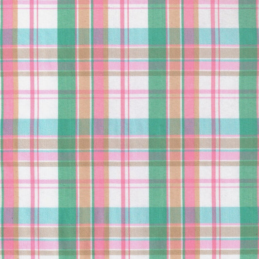 Tela para uniforme polidacron escocés SchoolLine - plaid verde, rosa y beige con azules, ideal para uniforms escolares e institucionales