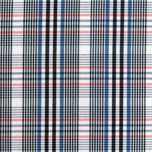 Tela polidacron escocés SchoolLine para uniformes; tartán negro, blanco, azul y rojo.