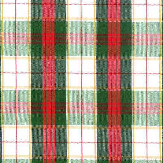 Tela polidacron escocés verde y rojo con cuadros blancos y amarillos, ideal para uniformes escolares institucionales — SchoolLine