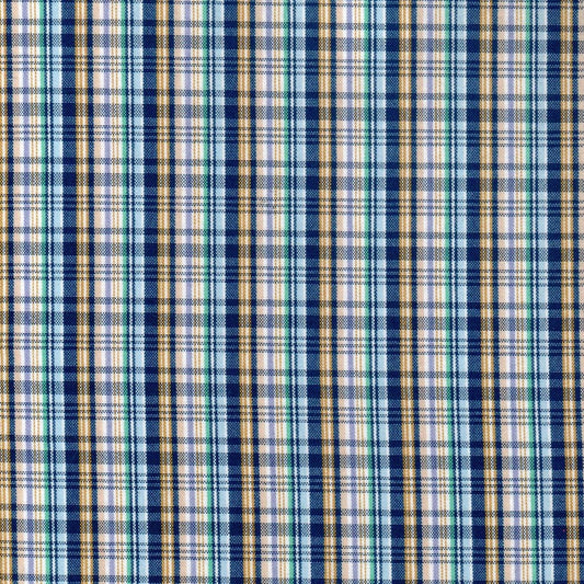 Tela escocés polidacron para uniformes escolares; azul marino, beige y blanco con líneas verdes.
