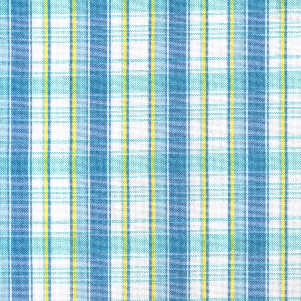 Tela para uniforme polidacron escocés en azul y azul claro con rayas blancas y amarillas; ideal para uniformes escolares.