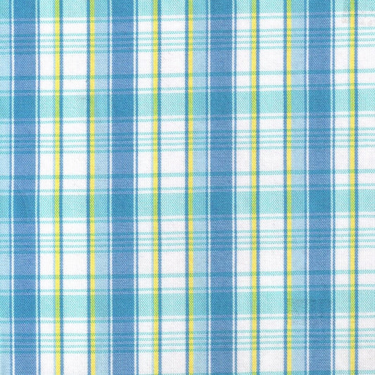 Tela para uniforme polidacron escocés en azul y azul claro con rayas blancas y amarillas; ideal para uniformes escolares.