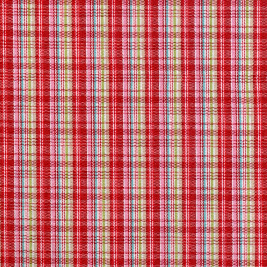 Tela escocés Polidacron SchoolLine; cuadros rojos, beige y azul, ideal para uniformes escolares e institucionales.