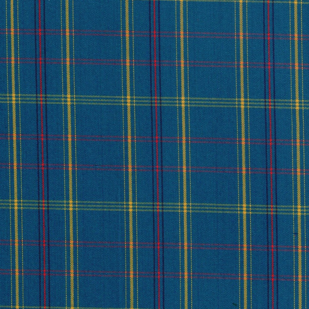 Tela polidacron para uniforme escocés azul con líneas amarillas y rojas; ideal para uniformes escolares e institucionales (SchoolLine).