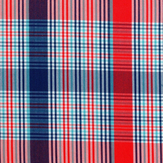 Tela para uniforme polidacron escocés SchoolLine: tartán rojo, azul y blanco; ideal para uniformes escolares e institucionales.