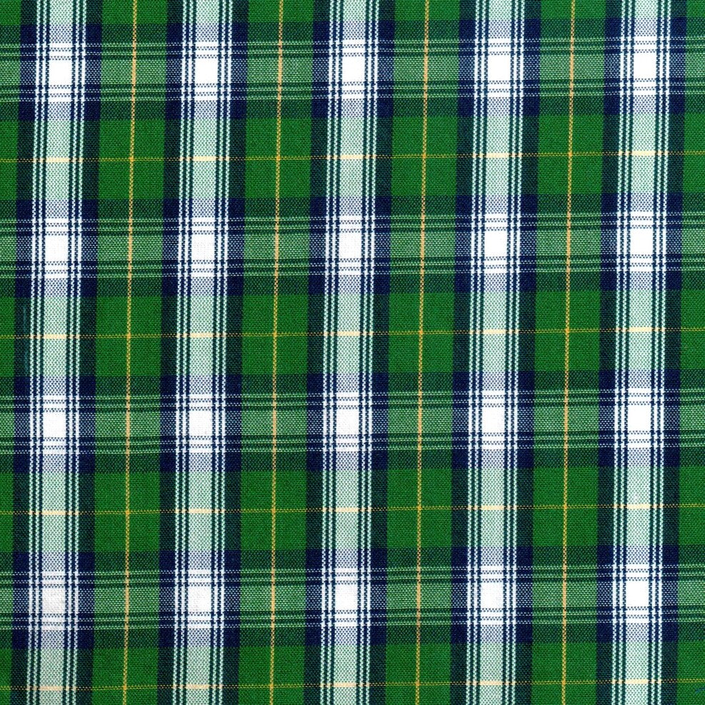 Tela polidacron escocés en verde, azul y blanco con líneas finas; ideal para uniformes escolares e institucionales SchoolLine.