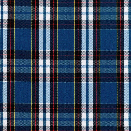 Tela para uniforme SchoolLine: tartán escocés azul con negro, blanco y líneas amarillas.