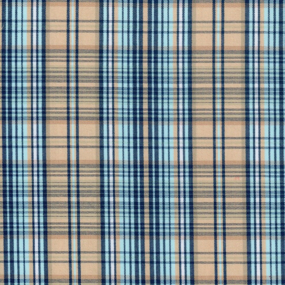 Tela para uniforme polidacron escocés SchoolLine, cuadros beige y azul marino con tono cielo, ideal para uniformes escolares e institucionales.