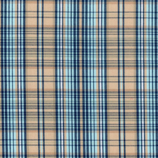 Tela para uniforme polidacron escocés SchoolLine, cuadros beige y azul marino con tono cielo, ideal para uniformes escolares e institucionales.