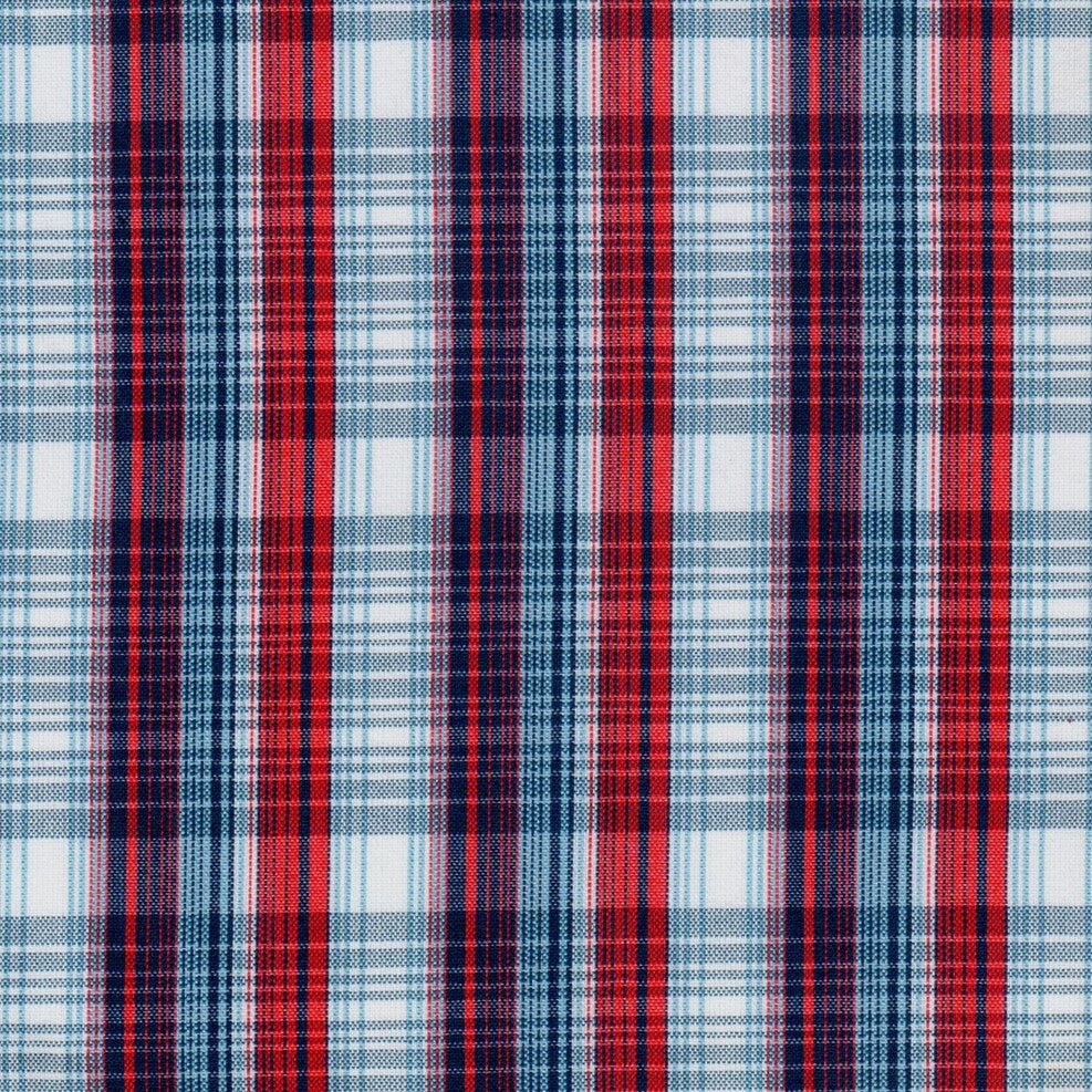 Tela polidacron escocés SchoolLine; tela a cuadros azul, rojo y blanco, ideal para uniformes escolares e institucionales.