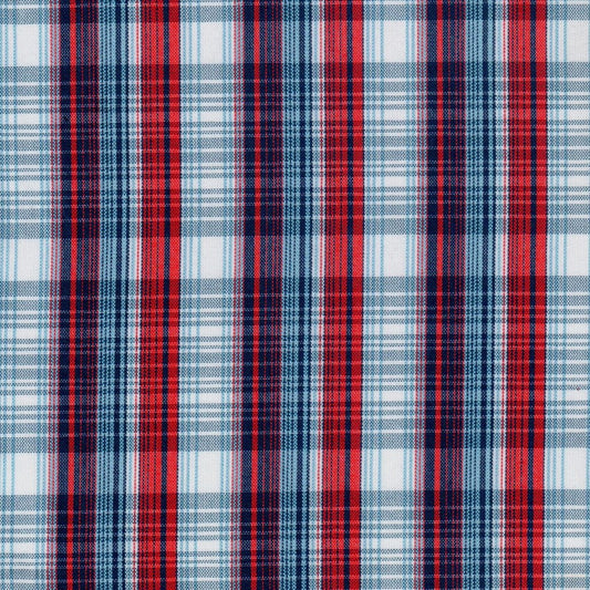 Tela polidacron escocés SchoolLine; tela a cuadros azul, rojo y blanco, ideal para uniformes escolares e institucionales.