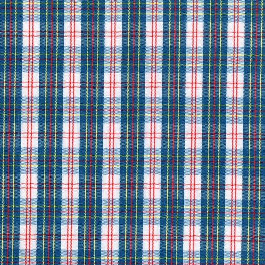 Tela escocés azul, blanco y rojo con líneas verdes; ideal para uniformes escolares e institucionales SchoolLine.