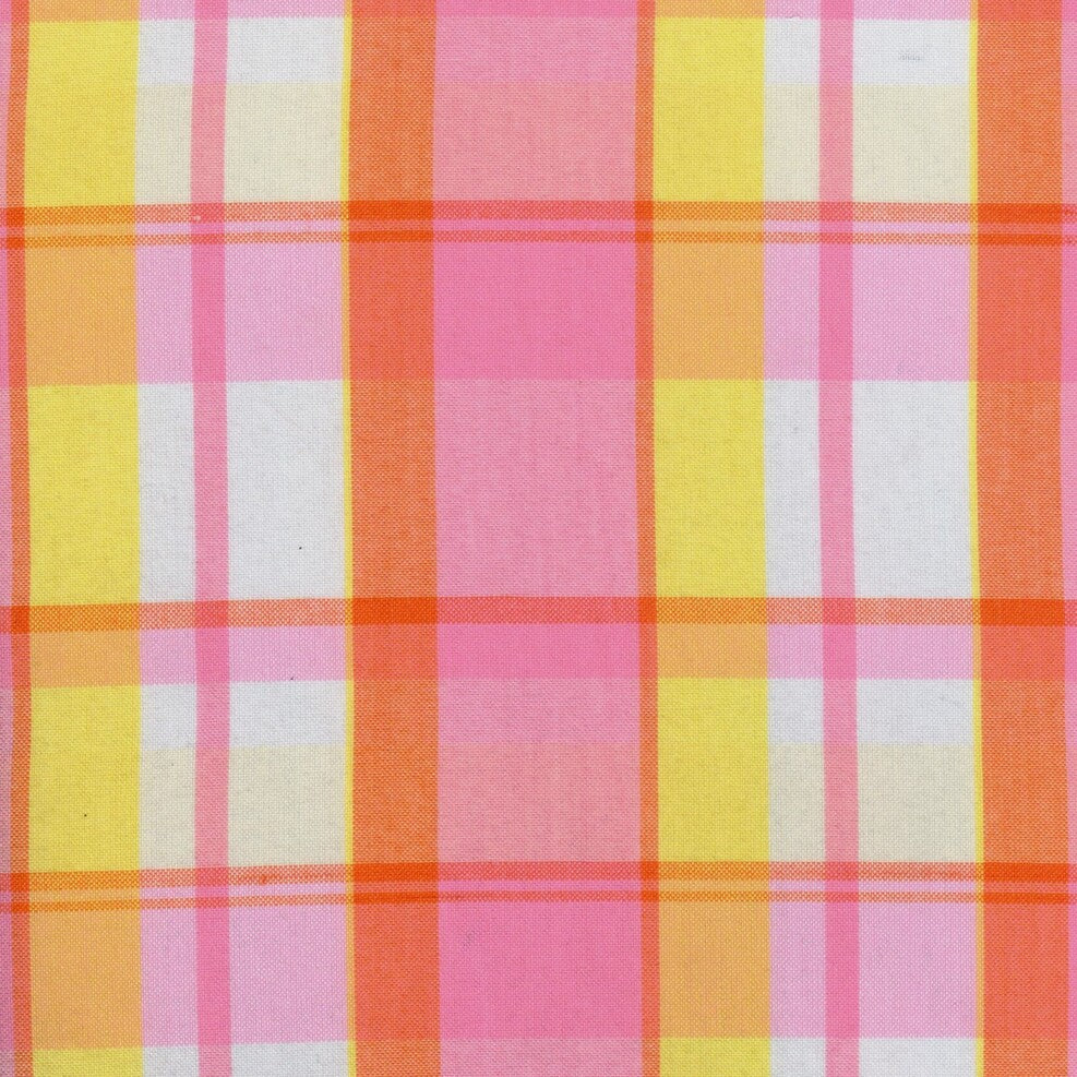 Tela para uniforme polidacron escocés SchoolLine en diseño rosa, naranja y amarillo, ideal para uniformes escolares.