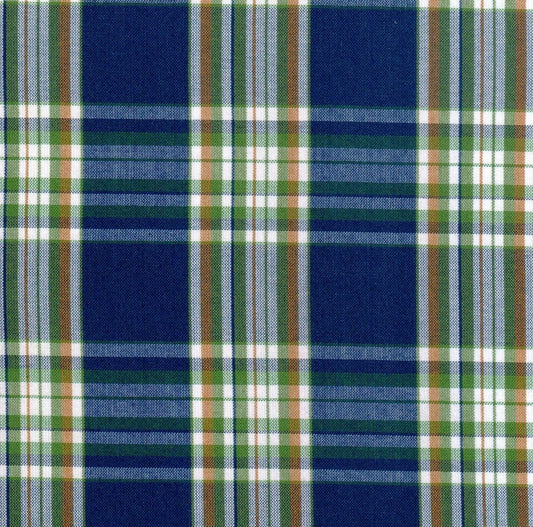 Tela escocés azul marino con rayas verde, blanco y marrón; ideal para uniformes escolares e institucionales SchoolLine.