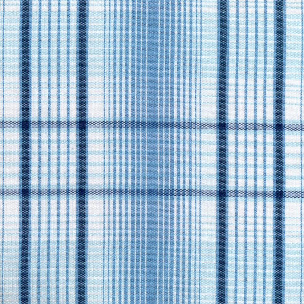 Tela para uniforme polidacron escocés de SchoolLine, cuadros azul claro/azul marino sobre blanco; ideal para uniformes escolares e institucionales