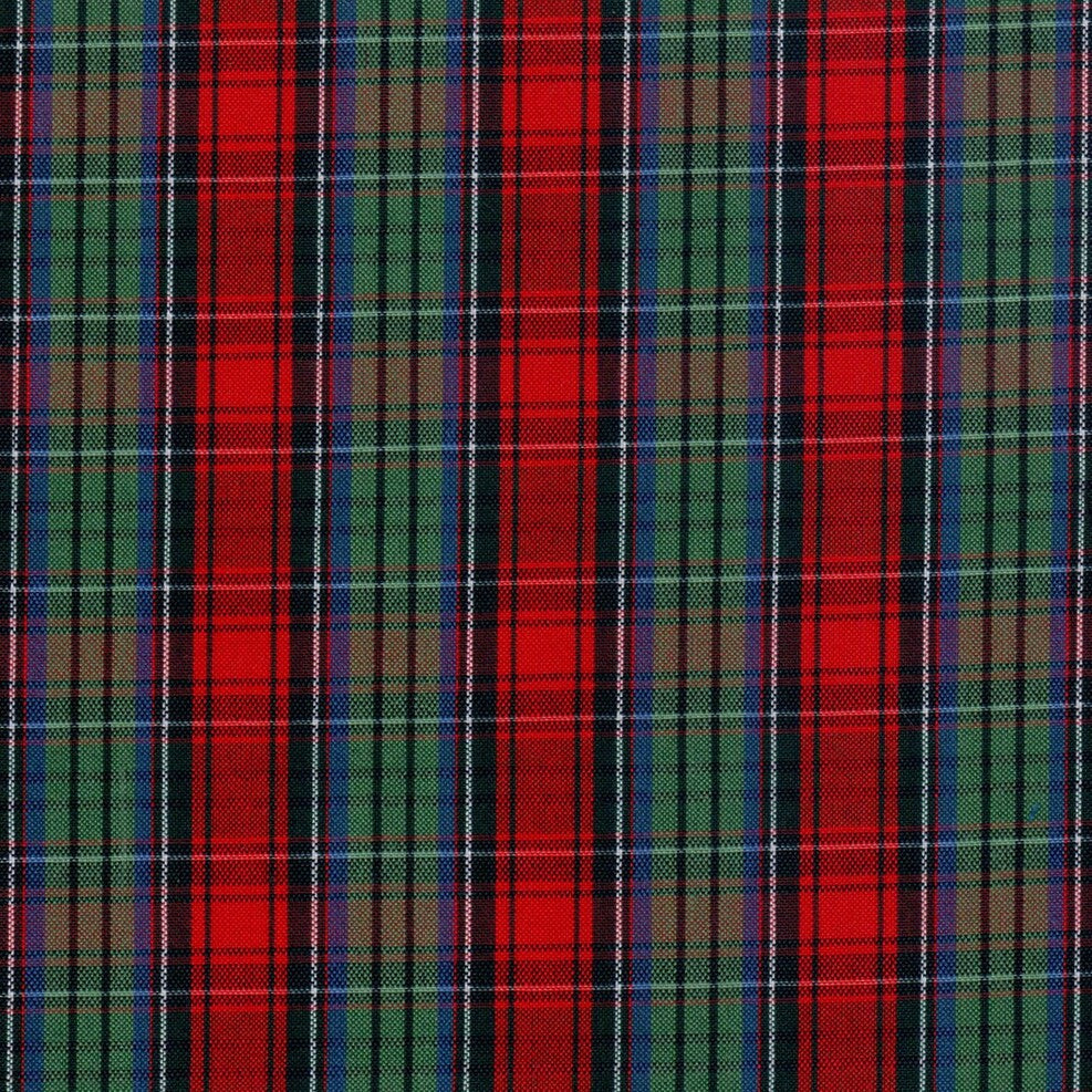 Tela polidacron escocés SchoolLine en tonos rojo y verde con cuadros tartán; ideal para uniformes escolares e institucionales.