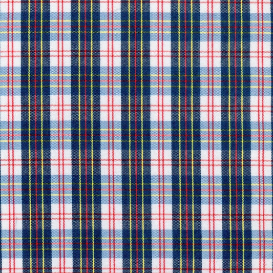 Tela para uniforme polidacron escocés SchoolLine en tartán azul marino, rojo y amarillo.