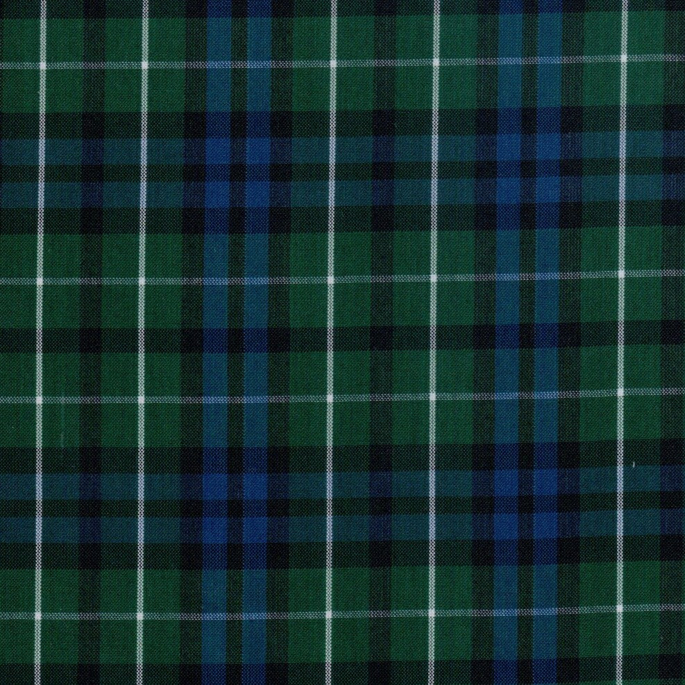 Tela para uniforme SchoolLine en escocés verde y azul con líneas blancas, ideal para uniformes escolares e institucionales.