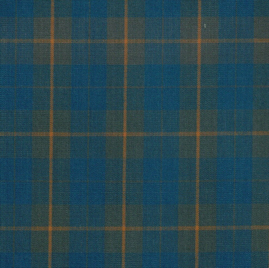 Tela polidacron escocés azul con cuadros naranja; ideal para uniformes escolares e institucionales SchoolLine
