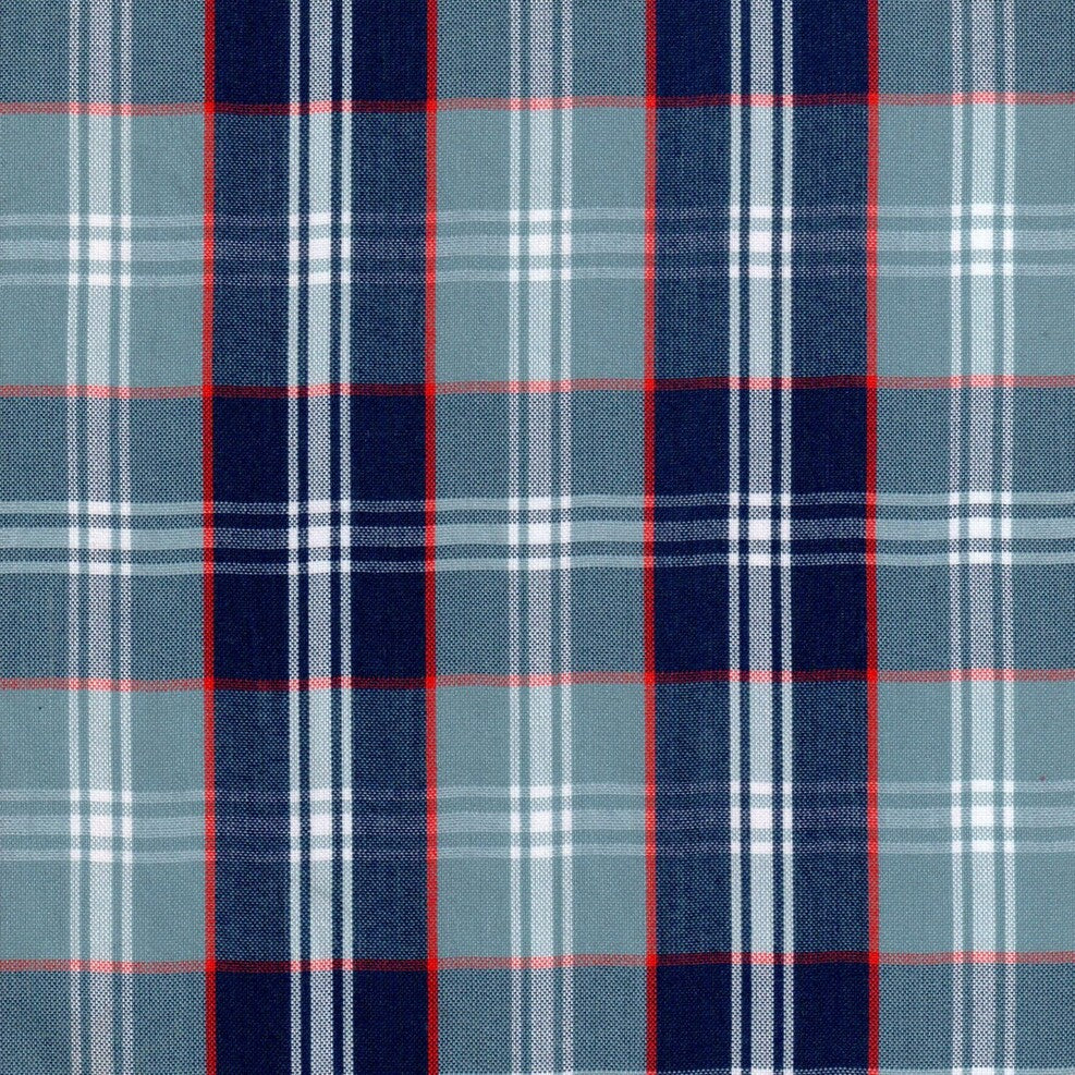 Tela para uniforme SchoolLine escocés tartán en azul marino y azul claro con líneas rojas; ideal para uniformes escolares e institucionales.