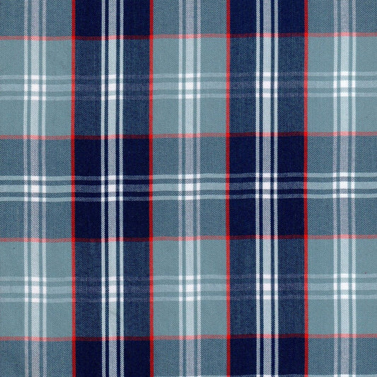 Tela para uniforme SchoolLine escocés tartán en azul marino y azul claro con líneas rojas; ideal para uniformes escolares e institucionales.