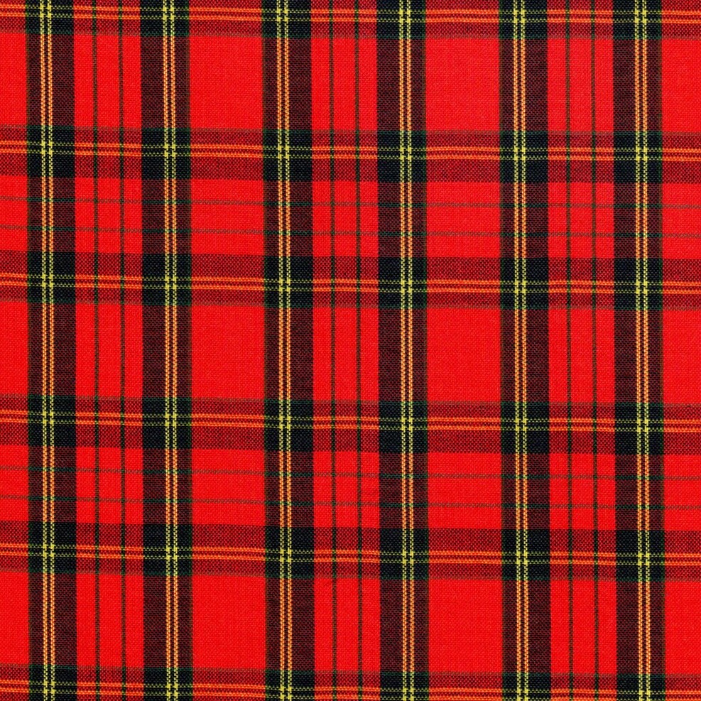 Tela para uniforme polidacron escocés roja y negra con líneas amarillas; diseño tartán para uniformes escolares e institucionales, SchoolLine.