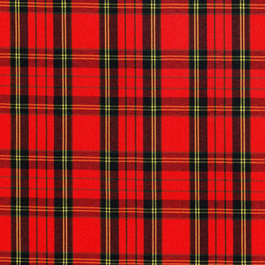 Tela para uniforme polidacron escocés roja y negra con líneas amarillas; diseño tartán para uniformes escolares e institucionales, SchoolLine.